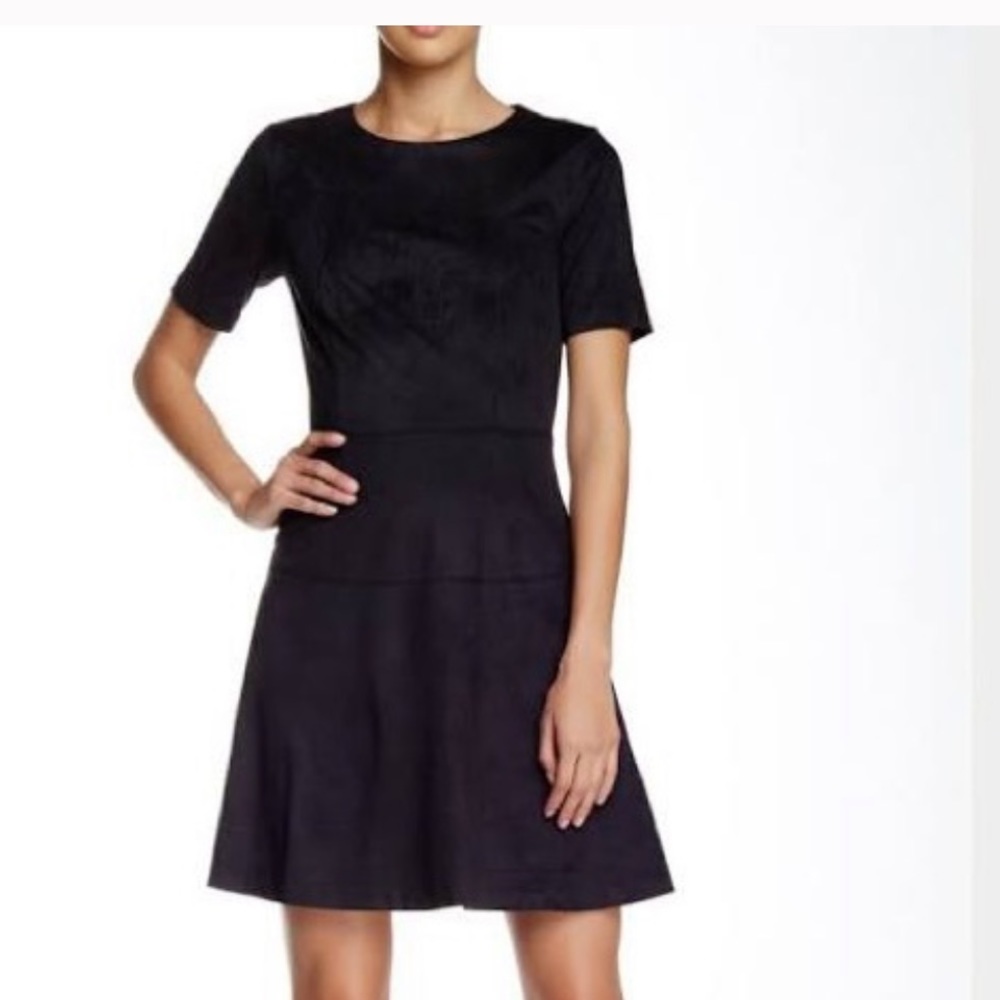 CeCe Cynthia Steffe Black Faux Suede Short Sleeve A-Line Dress
